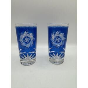 Vintage 2 Cobalt Blue Drinking Glasses Tumblers Atomic Pinwheel and Palm Frond